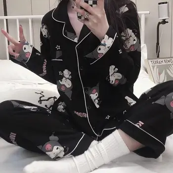Kawaii Sanrio Kuromi Anime Pijama Ins Kadın Bahar Sonbahar Koyu Küçük Şeytan Uzun Kollu Ev Giysileri Takım Elbise 2 Parça Set Pijama