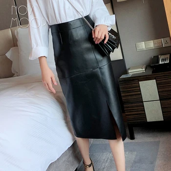 Novmoop yüksek sokak moda stil kadın bahar siyah mor-kırmızı renk koyun derisi hakiki deri etek jupe femme falda LT3029 3