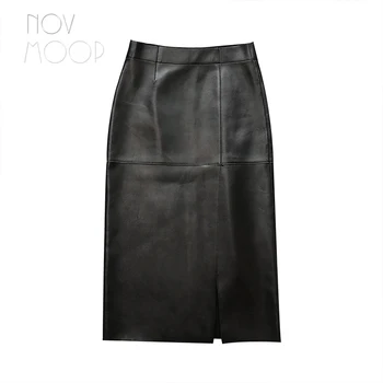 Novmoop yüksek sokak moda stil kadın bahar siyah mor-kırmızı renk koyun derisi hakiki deri etek jupe femme falda LT3029 4