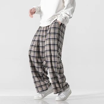 Erkek Ekose Gevşek ve Rahat Retro Rahat Tüm Maç Şık Geniş bacak Pantolon Moda Sokak Kore düz pantolon