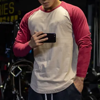 Erkekler Pamuk Tshirt Uzun Kollu Patchwork Gömlek Vücut Geliştirme Kavisli Hem Egzersiz Spor T-shirt Erkek Giyim