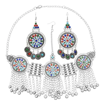 Vintage Etnik Uzun Zincirler Bells Headdress Sikke Küpe Renkli Akrilik Boncuk Başlığı Çingene Tribal Afgan Elbise takı seti