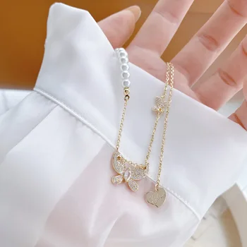 Kore Yeni moda takı 14K Altın kaplama zirkon Kelebek Aşk Kolye Kolye Zarif kadın Ayarlanabilir Klavikula Kolye 0
