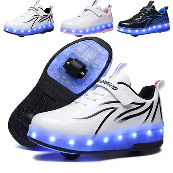 Çocuk Bir İki Tekerlekler İşıltılı Parlayan Sneakers Altın Pembe Led ışık Paten Ayakkabı Çocuklar Led Ayakkabı Erkek Kız USB Şarj