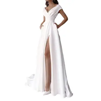 Kadın Elbise V Yaka Yüksek Bel Yan Bölünmüş Kat Uzunlukta Cepler Elbise kadın elbisesi Düğün Ziyafet Vestidos