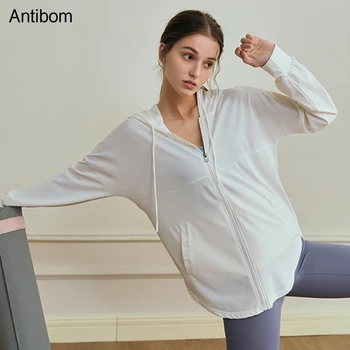 Antibom Güneş Koruyucu yoga ceketi Spor Üst kadın Fermuar Kapşonlu Hırka Yaz Uzun Kollu Koşu Spor Giyim