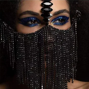 Lüks Seksi Siyah Rhinestone Püskül maskeli balo maskesi Yüz Zinciri Peçe Kadınlar için Parlak Kristal Cosplay Kafa Yüz Dekorasyon Maskesi 0