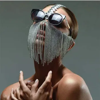 Lüks Seksi Siyah Rhinestone Püskül maskeli balo maskesi Yüz Zinciri Peçe Kadınlar için Parlak Kristal Cosplay Kafa Yüz Dekorasyon Maskesi 1