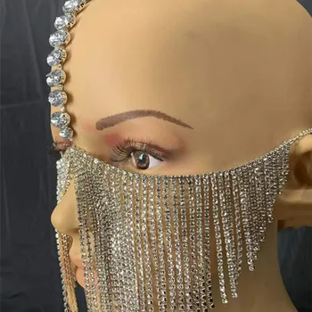 Lüks Seksi Siyah Rhinestone Püskül maskeli balo maskesi Yüz Zinciri Peçe Kadınlar için Parlak Kristal Cosplay Kafa Yüz Dekorasyon Maskesi 3