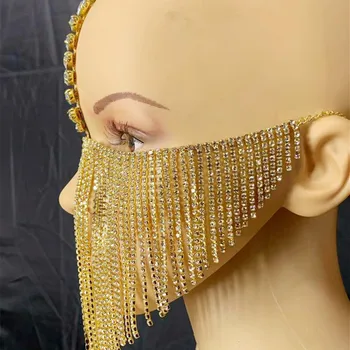 Lüks Seksi Siyah Rhinestone Püskül maskeli balo maskesi Yüz Zinciri Peçe Kadınlar için Parlak Kristal Cosplay Kafa Yüz Dekorasyon Maskesi 5