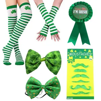 İrlandalı Aziz Patrick Günü Aksesuarları Festivali Kostüm Seti Shamrock Çorap Kafa Bandı Boncuk Zincir Gözlük papyon Omuz Askısı Kiti