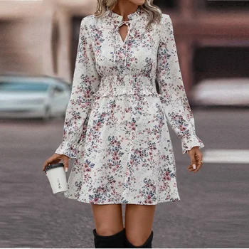 YEMOGGY Zarif Çiçek Baskı Elbiseler Sonbahar Rahat V Yaka Tam Parlama Kollu Yüksek Bel Süpürme Ince A-line Mini Elbise kadın