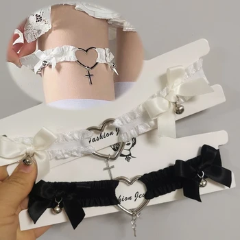 Seksi Dantel Jartiyer Beyaz siyah kuşak Kalp Çapraz Punk Bacak Halkası Ayarlanabilir Jartiyer yay Çan Cosplay Lolita İç Çamaşırı Demeti Gotik