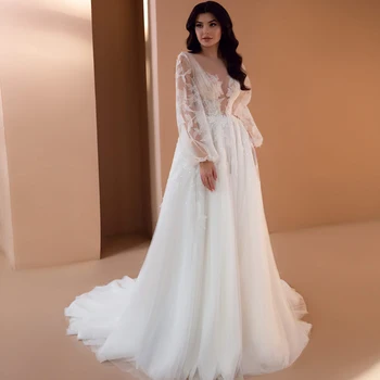 Payetli düğün elbisesi Gelin İçin 2022 V Yaka Uzun Kollu A-Line Tül gelinlikler Bohemian Dantel Aplikler Vestido De Novia