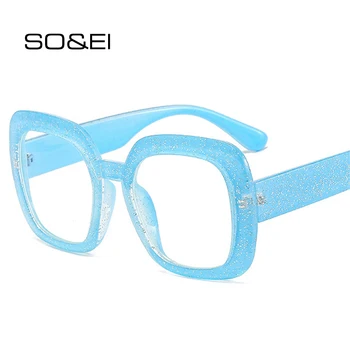 SO & EI Moda Büyük Boy Kare Kadın Gözlük Çerçevesi Retro Şeffaf Lens Gözlük Erkekler Glitter Mavi Pembe Yeşil Gözlük Çerçevesi