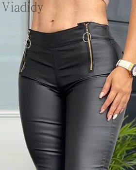 Kadın Faux PU Deri kalem Pantolon Fermuar Cep Tasarım Sıska Pantolon 0