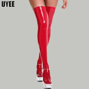 UYEE Seksi Yağ Parlak Patent Deri Çorap Kadınlar için M-3XL Lateks Uzun Çorap Seksi Kutup Dans Kulübü Parti Çorap Artı Boyutu