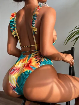 Tek Parça Mayo Kadın Mayo 2023 Yeni Çiçek Baskı Ruffled Monokini Seksi Bodysuit Brezilyalı Plaj Kıyafeti Mayo Kadın