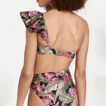Moda Baskılı Bir Omuz Ruffled Toplanan Mikro Bikini Takım Elbise Hollow Backless Seksi Sıkı Beachwear Zarif Mayo Kadınlar 2