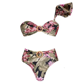 Moda Baskılı Bir Omuz Ruffled Toplanan Mikro Bikini Takım Elbise Hollow Backless Seksi Sıkı Beachwear Zarif Mayo Kadınlar 3