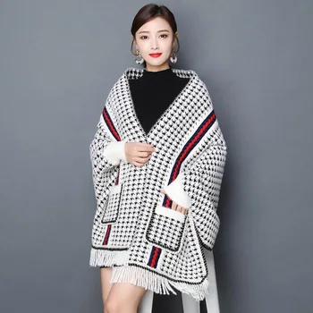 Siyah Kırmızı Beyaz Vizon Kaşmir Kazak Kadınlar Sıcak Ekose Pelerin Palto Püskül Hırka Kimono Uzun Büyük Cepler