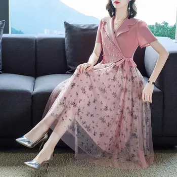 Takım elbise Yaka Zarif Pilili Elbise Ofis Bayan Yaz 2022 Moda Kore İnce Çiçek Örgü Eklenmiş OL Sahte İki Parçalı Elbise h1232