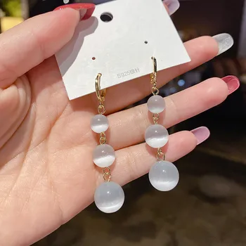 Sevimli kore Opal Topu Uzun Hoop Küpe Kadınlar Kızlar İçin Moda Metal Daire Buklet d ' oreille Zarif Takı