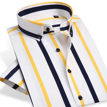 Renkli Şerit Kısa Kollu Gömlek Yaz Sıcak Erkek Elbise Gömlek Düğmesi Aşağı Erkek Iş Rahat Sosyal Giyim Slim Fit