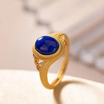 Yaratıcı Tasarım Antik Altın Zanaat Hollow Kakma Lapis Lazuli Oval Bayanlar Yüzük Açık Çin Tarzı Vintage Zarif Takı