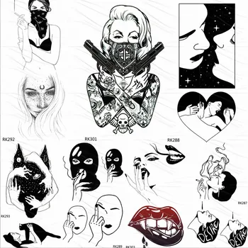 OMMGO Punk Gangster Silah Siyah Geçici Dövmeler Sticker Seksi Sahte Dövme Aşk Soyguncu Özel Dövmeler Kadınlar İçin Kız Vücut Sanatı 0