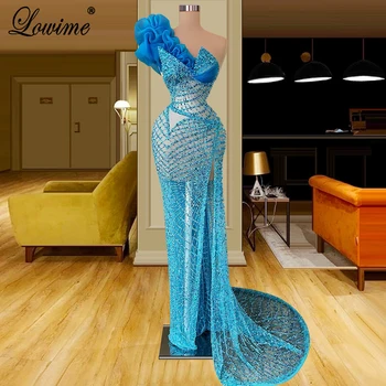 Mavi Mermaid Illusion Kokteyl Elbiseleri Bir Omuz Arapça Abiye Gelinlik Da Sera Muhteşem Düğün Parti Elbiseler Özel