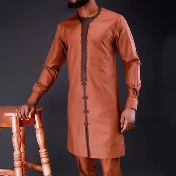 2022 Dashiki Yaz Yeni erkek Setleri Gömlek İşlemeli Uzun Kollu üst ve pantolon 2 Parça erkek Takım Elbise afrika kıyafeti erkekler için M-4XL