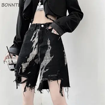 Şort Kadın Denim Harajuku Rahat Yaz Batik Gevşek Moda Geniş Bacak Püskül Cep Vintage Y2k Streetwear Serin Baggy Tasarım