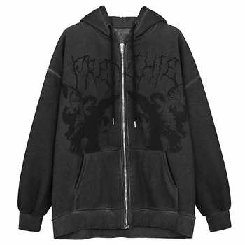 Y2k Harajuku Hoodies Kadın Sonbahar Kış Hip Hop Fermuar Kelebek Estetik Kapüşonlu Sweatshirt Kadın Goth Punk Ceket Ceket