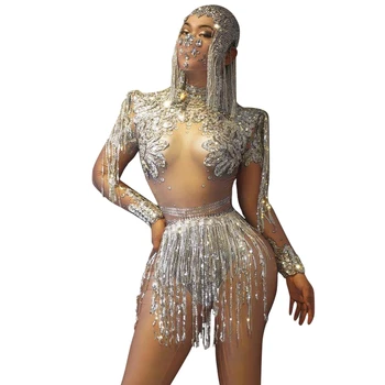Altın gümüş Seksi Şarkıcı dans bodysuit sparkly kadın sahne gösterisi Rhinestones Zincirler Saçaklar Kıyafet gece kulübü gogo kostüm