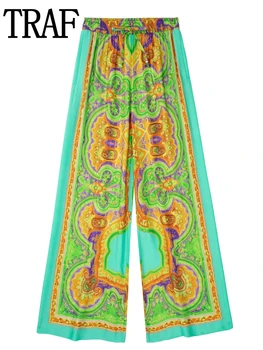 TRAF Baskı pantolon seti Yüksek Bel Pantolon Kadın Yaz 2022 Vintage Boho Geniş Bacak Pantolon Casual Baggy Pijama Pantolon Streetwear