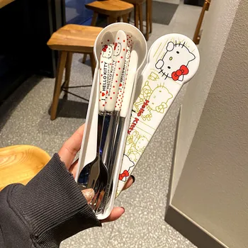 Sanrio Hello Kitty Sevimli Karikatür Çatal Çubuklarını Kaşık Takım Taşınabilir Seyahat Sofra Üç Parçalı Set çocuk çatal bıçak kaşık seti