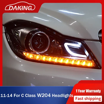 Araba LED Far Benz C Sınıfı İçin W204 2011-2014 C180 C200 C260 DRL Dönüş Sinyali ön ışıkları lambaları + Bi-Xenon projektör Lens 0