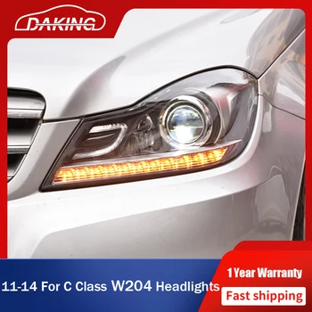 Araba LED Far Benz C Sınıfı İçin W204 2011-2014 C180 C200 C260 DRL Dönüş Sinyali ön ışıkları lambaları + Bi-Xenon projektör Lens 3