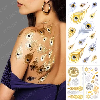Su geçirmez Geçici Dövme Etiket Metalik Altın Gümüş Mandala Kına Tüy Flaş Dövme Kadın El Geri Vücut Sanatı Sahte Dövme
