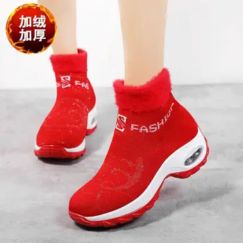Büyük Boy Kış sıcak Yüksek Top kadın spor ayakkabılar koşu ayakkabıları kadın Spor Botları Kırmızı Kürk Bayanlar Eğitmenler Koşu A-1495
