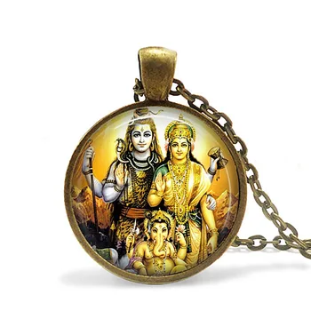 Vintage Hindistan Din Kolye Tanrı Brahma Lord Shiva Vishnu Takı Cam Cabochon Kolye Zincir Kolye Din Takı 1