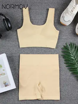 NORMOV Yoga Setleri Dikişsiz Spor Seti Kadın Yaz Nervürlü 2 Adet Spor Seti Takım Elbise Spor Kısa Setleri Spor Takım Elbise Egzersiz