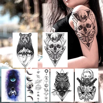 Yaratıcı Ölüm Kafatası Geçici Dövmeler Sticker Kadın Erkek Vücut Sanatı Kol Dövmeler Sahte Geometrik Siyah Gezegenler Baykuş Ganster Dövme