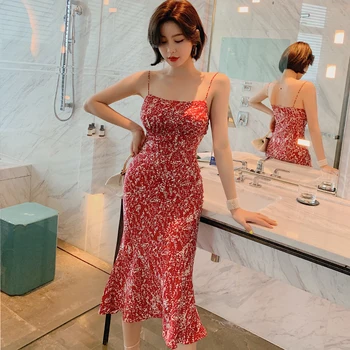 yeni varış moda parti elbise kadınlar zarif yaz seksi kayış basit plaj mizaç baskı kırmızı ince mermaid elbise