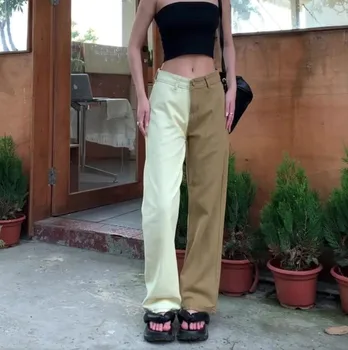 Kadın Şık Patchwork Renk Geniş Bacak Kot Bahar Yaz Yüksek Bel Düz Uzun Kot Pantolon Bayan Rahat Gevşek Kot Pantolon