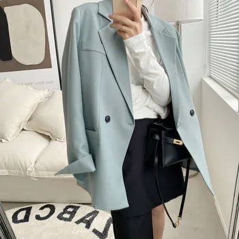 2021 Bahar Düz Renk Mizaç Blazers Kore Moda Rahat Uzun Kollu V Yaka Mavi Hırka Gevşek Ceket kadın Giysileri