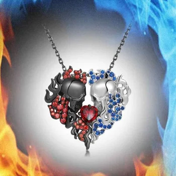 Avrupa ve Amerikan kalp şeklinde Kafatası Kolye benzersiz boyalı paslanmaz çelik kırmızı ve Mavi Kolye hatıra hediye