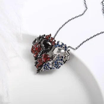 Avrupa ve Amerikan kalp şeklinde Kafatası Kolye benzersiz boyalı paslanmaz çelik kırmızı ve Mavi Kolye hatıra hediye 3
