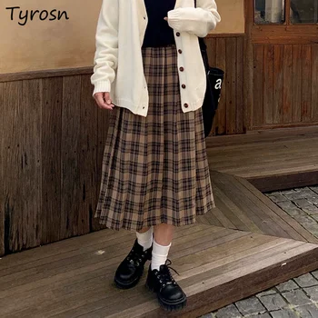 Etekler Kadın Ekose Japonya Tarzı Vintage Streetwear A-line Tüm Maç Orta buzağı Şık Harajuku Yüksek Bel Femme Zarif Pilili Günlük